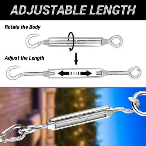 3 Pack M10 Hook And Eye Turnbuckles Made From Top Shelf 304 Stainless Steel Cable Tensioner with adjustable length feature.