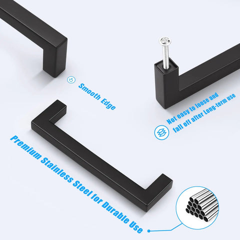Heavy Duty Matte Black Cabinet Pulls Five Inch Center To Center Square Stainless Steel Handles Thirty Pack shown in close up.