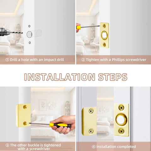 Installation steps for Magnetic Closet Door Latch Set Gold Finish With Solid Brass Body And Stainless Steel Striking Plate.