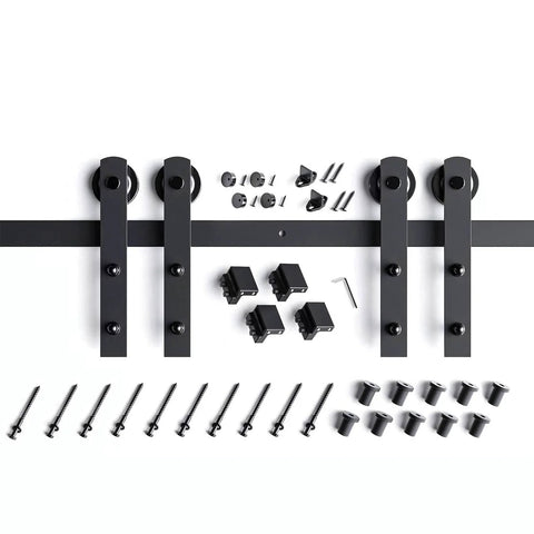 16 Ft Double Sliding Barn Door Hardware Track Kit With Straight Pulleys Heavy Duty Steel Black Powder Coated Finish components