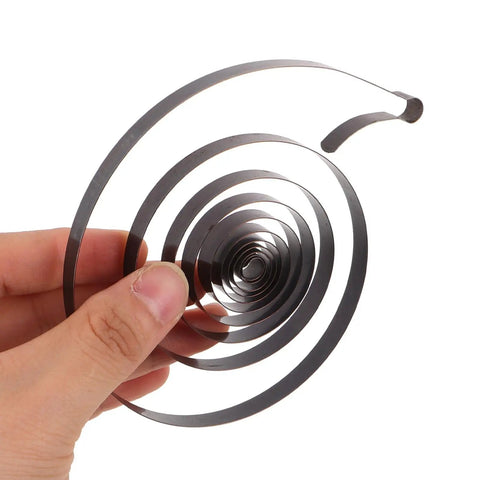 Hand holding coiled Two Piece Steel Clock Mainsprings Replacement Kit for mechanical clocks, universal fit, durable steel