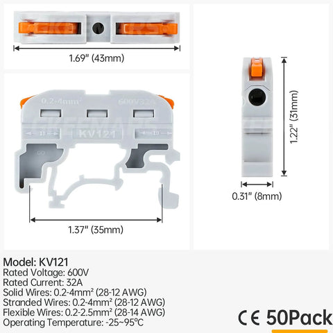 Universal DIN Terminal Block Kit With Lever Wire Connectors KV-121 50 Pcs Pack dimensions and specifications.