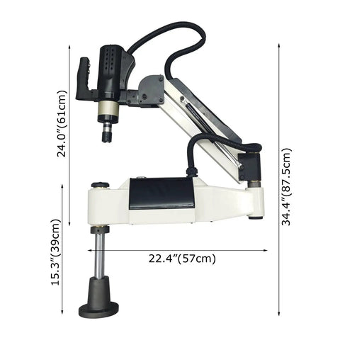 Beilockery 220V Vertical Electric Tapping Machine M3 M16 With Touch Screen 600W Motor side view with dimensions 24x22.4x34.4 inches