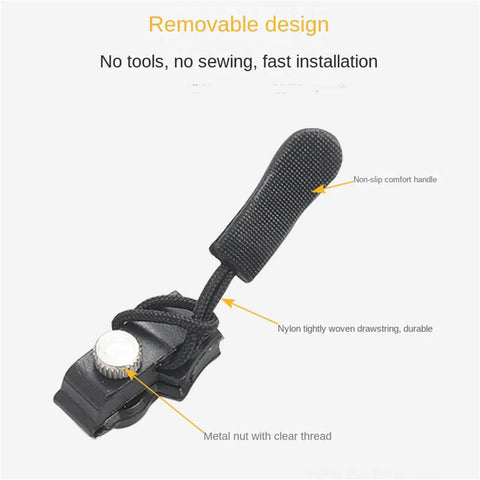 Close-up of removable zipper repair kit showing non-slip handle, nylon drawstring, and metal nut for easy install.