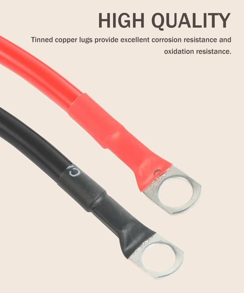 Red and black 6 AWG battery cables with tinned copper lugs for solid electrical connections, part of Top Shelf 6 AWG Battery Cable Kit.