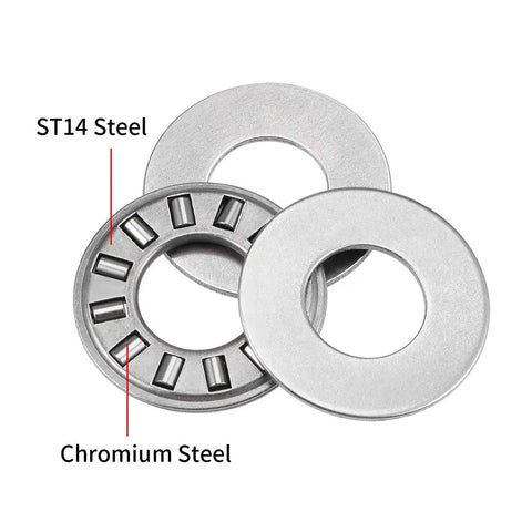 TC613 Thrust Needle Roller Bearings With Washers showing ST14 and Chromium Steel materials in 3 pack for rails and linear motion.