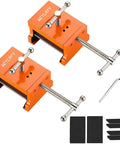 Dead Straight Cabinet Installation Clamps For Zero Sweat Face Frame Alignment Adjusts Snugly To Fit Any Cabinet Size Delivers A Hella Secure Grip Keeps Parts Locked Down During Build Slick Orange Two Pack displayed with hex key and pads.