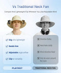 Comparison of Featherlight Clip On Fan For Outdoor Cooling On The Go Ultra Lightweight 2oz USB C Rechargeable Portable Face Cooling with 3 speeds, showing its advantages over a traditional neck fan on two different hats.