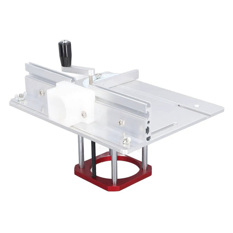 Heavy Duty Aluminum Router Lift Base With Quick Twist Knobs For Badass Diy Woodshop Setup Solid Zero To Fifty Four Millimeter Height Adjustment Rig For Small Table And Router Tables, showing precision machined design.