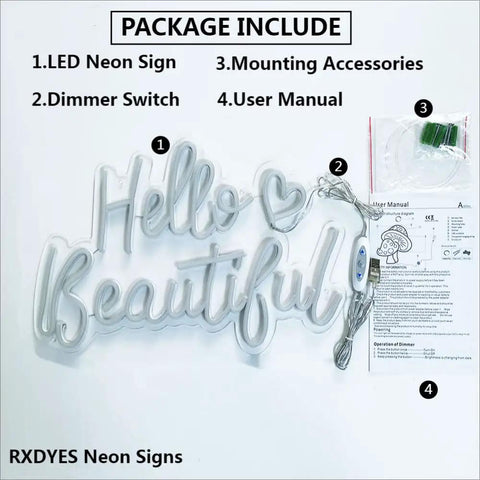 Package contents of Hello Beautiful Heart White LED Neon Sign For Bedroom And Home Bar Cafe Decor Romantic 3D Art Gift, showing sign, dimmer switch, mounting accessories, user manual.
