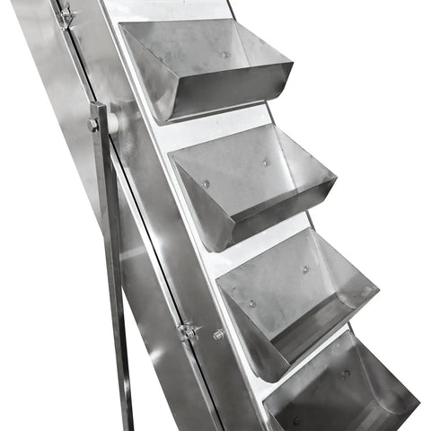 Rugged 220V 1 Phase Bucket Elevator Material Conveyor With 94 Point 5 Inch Lift Height And 400W Motor showing stainless steel buckets.