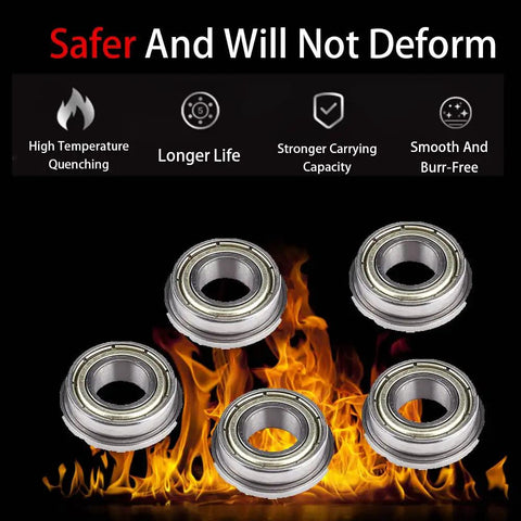 Mini Ball Bearings Set, 10 Pcs F688ZZ Steel Double Shielded Flange Miniature Bearings For Motors, High Precision, Low Noise, Durable Bearing Kit, 8x16x5mm shown with five steel bearings over flames