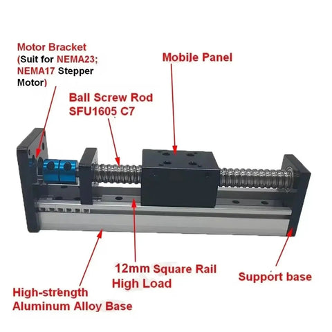 Heavy Duty SFU1605 Ballscrew Linear Actuator Stage With NEMA23 Stepper Motor with high-strength aluminum alloy base and mobile panel.