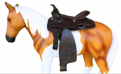 Western Style Adult Saddle Fenders In Tooled Brown Full Grain Leather Replacement Adjustable Fenders With Hand Tooled Border on horse