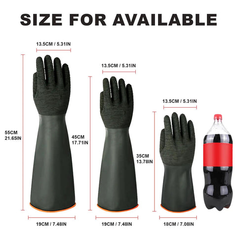 Boss Level Heavy Duty Black Rubber Work Gloves Featuring Advanced Anti Slip Wrinkled Grip Premium Industrial Safety Gear Extra Long Twenty Two Inches size comparison with soda bottle.