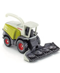 Claas Forage Harvester Toy Model with metal frame and plastic body in white and green, detailed front view with red wheels.