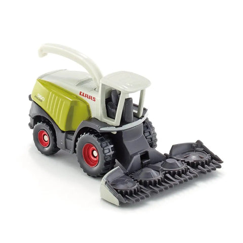 Claas Forage Harvester Toy Model with metal frame and plastic body in white and green, detailed front view with red wheels.