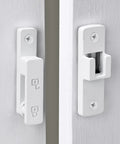 Close-up of Heavy Duty Barn Door Latches, 180 Degree Swing Gate Lock, Solid Zinc Alloy, Matte White Finish.