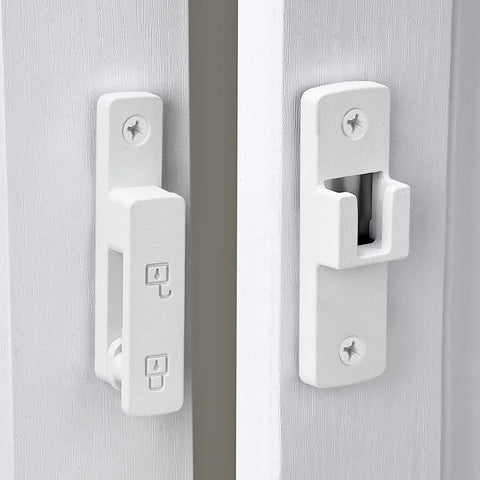 Close-up of Heavy Duty Barn Door Latches, 180 Degree Swing Gate Lock, Solid Zinc Alloy, Matte White Finish.