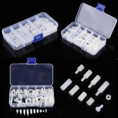 Zero Fuss Nylon Standoff Kit With M2.5 Hex Spacers And Male Female Bolt Nuts, heavy duty nylon hardware in a plastic case.