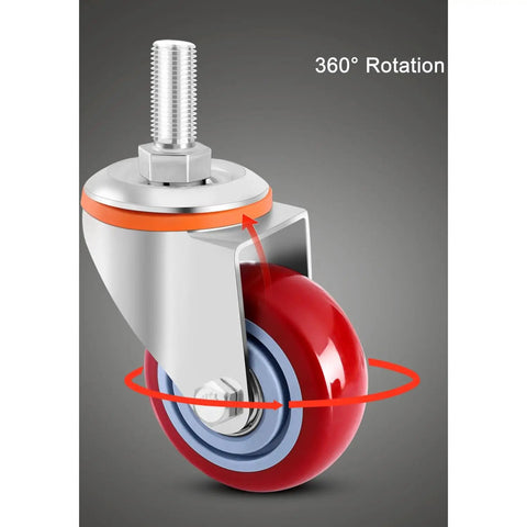 Heavy Duty Swivel Caster Wheels With Top Plate for carts, workbenches, and furniture showing 360° rotation and red wheel