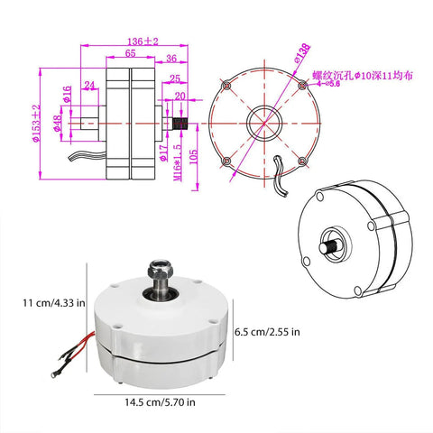 Diagram and dimensions of 100W 12V 24V Permanent Magnet Generator For Off Grid Diy Wind Turbine And Hydro Generator 3 Phase Gearless Alternator 600 RPM With Base And 100A 1600V Rectifier High Efficiency Renewable Energy Starter