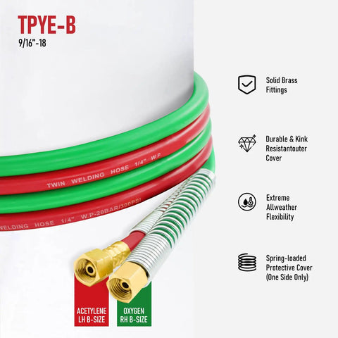 Built Like A Tank Oxy Acetylene Welding Hose 50 Foot 1/4 Inch Twin Line Rubber Cord With 9 16 18 B Style Fittings detailed view.