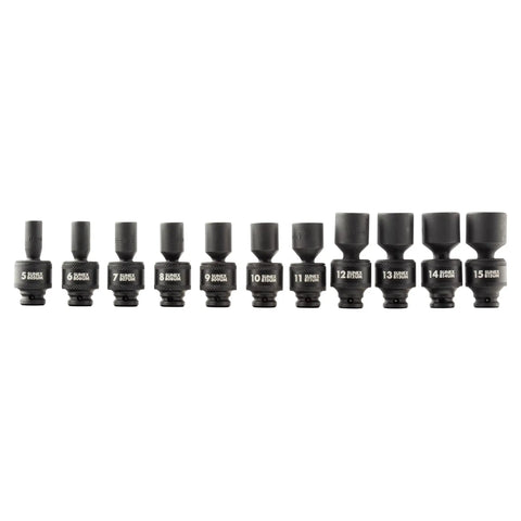 11-piece CR-MO 1/4 Inch Drive Universal Magnetic Impact Socket Set, Metric 5mm Through 15mm, 12 Point Cr-Mo Alloy in a row