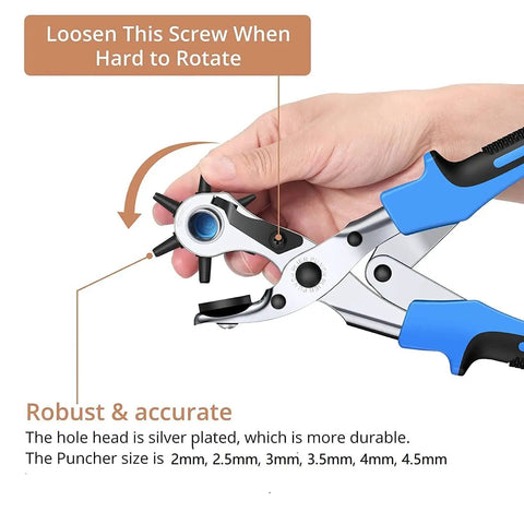 Leather Hole Punch Set With 240 Rivets, Heavy Duty Punch Plier And Belt Hole Puncher in hand showing rotating feature