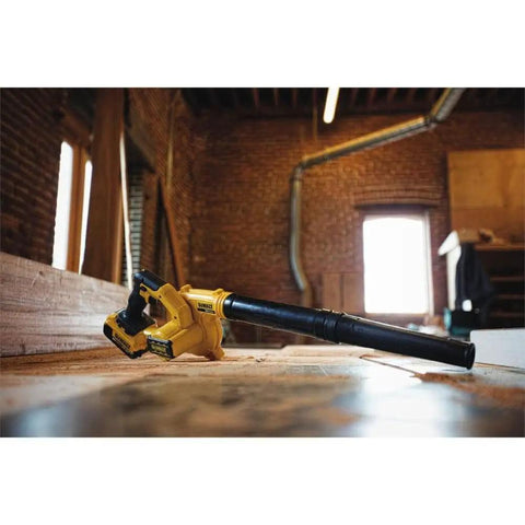 20V Max Cordless Leaf Blower With 100 CFM Airflow, 3 Speed Variable Switch, Trigger Lock on wooden surface in workshop