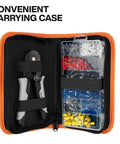 Ratcheting Ferrule Crimping Tool Set With Square Crimper Pliers, 1200 Wire Terminals, 10 To 22 AWG in soft carry case, open view.