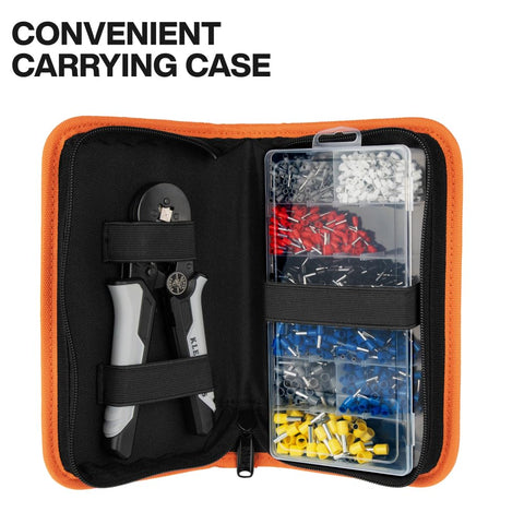 Ratcheting Ferrule Crimping Tool Set With Square Crimper Pliers, 1200 Wire Terminals, 10 To 22 AWG in soft carry case, open view.