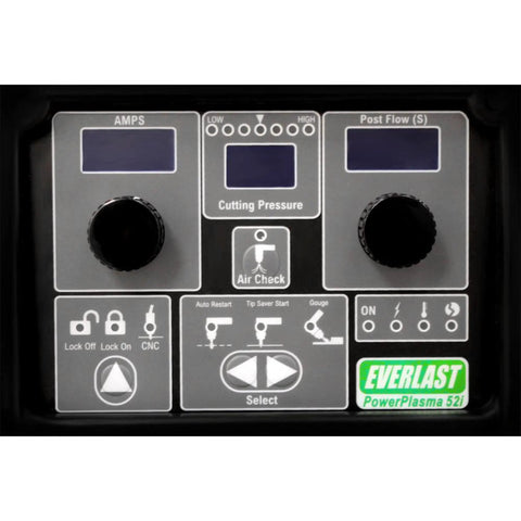 52i 50 Amp Plasma Cutter CNC Compatible, control panel with cutting pressure and post flow timer settings, suitable for metalwork.