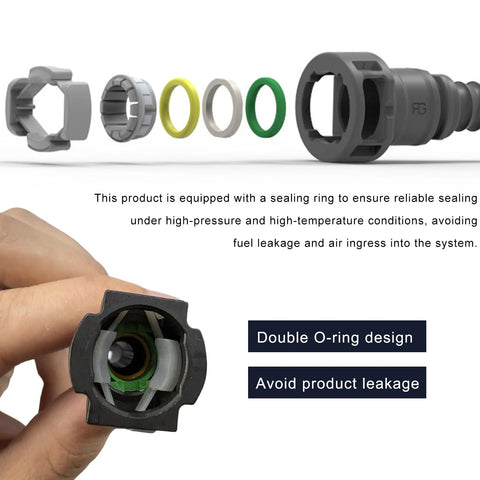 Exploded view of ZNDAW 2-pack nylon fuel line quick connectors with double O-rings and hose barb for automotive use