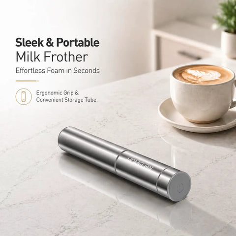 Portable Milk Frother Handheld Battery Operated Travel Coffee Frother With 2 Stainless Steel Whisks For Creamy Foam In Seconds Ideal For Lattes Cappuccinos Hot Chocolate And More Batteries Included Silver on countertop beside cup of coffee
