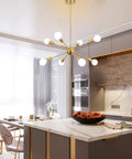 Gold Sputnik Chandelier 8 Light Modern Ceiling Fixture For Dining Room Living Room Kitchen Island With Adjustable Rods High Quality Electroplated Gold Finish Lit Mid Century Style Lighting in kitchen setting