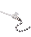 Close-up of steel beaded ball pull string extension chain with connectors for ceiling fan light fixture and bulb switch extender.