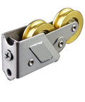 Heavy Duty Stainless Steel Double Wheel Pulley Track Rollers For Cupboard Pantry And Bathroom Sliding Doors close-up view with golden wheels.