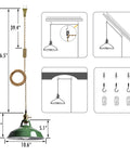Dimensions and installation guide for Totally Sleek Modern Green Plug In Pendant Light Featuring Heavy Duty Metal Barn Style Hanging Swag Lamp.