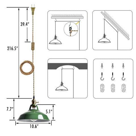 Dimensions and installation guide for Totally Sleek Modern Green Plug In Pendant Light Featuring Heavy Duty Metal Barn Style Hanging Swag Lamp.