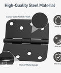 Heavy Duty 4 Inch Door Hinge Set With Slick Matte Black Finish And Rounded Corners, showing high-quality steel material details.