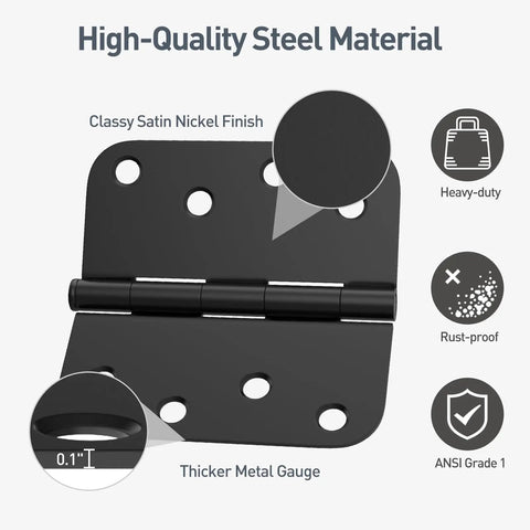Heavy Duty 4 Inch Door Hinge Set With Slick Matte Black Finish And Rounded Corners, showing high-quality steel material details.