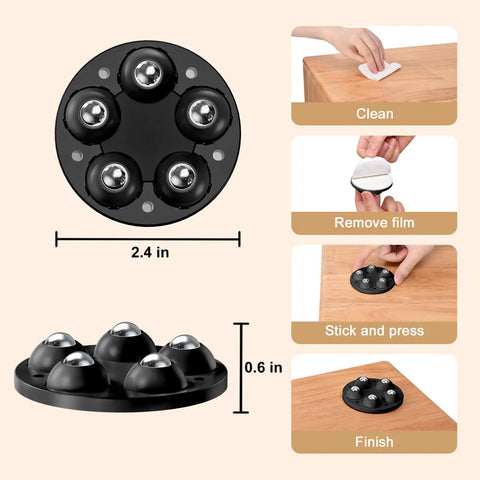 Two Inch Stick-On Adhesive Caster Wheels 360 Degree Swivel Universal Mini Casters installation steps illustration