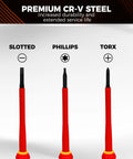 Slotted, Phillips, and Torx tips of 1000V Insulated Electrician Screwdriver Set With Magnetic Tips And Rotatable Top Cap