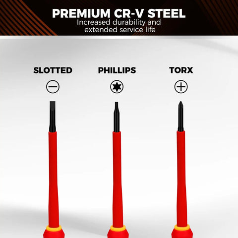 Slotted, Phillips, and Torx tips of 1000V Insulated Electrician Screwdriver Set With Magnetic Tips And Rotatable Top Cap