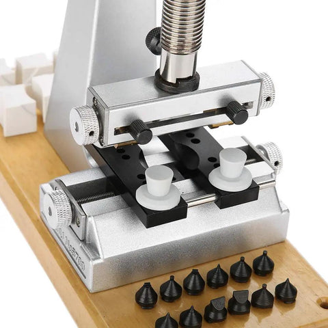 Pro Grade Oyster Watch Case Opener Bench Tool Kit With 6 Dies For Rolex And Tudor Back Case Removal featuring metal bench setup