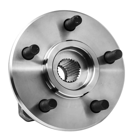 Front Wheel Hub And Bearing Assembly Left Or Right For Jeep Grand Cherokee Comanche Wagoneer Wrangler TJ YJ 5 Lug ISO TS 16949 Certified Maintenance Free Easy Install OE Style Replacement To Fit SUV And Truck Models displayed in silver finish with visible lug nuts.