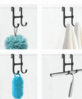 Glass Shower Door Hooks Two Pack Over Door Towel Hangers For Frameless Shower Doors Matte Black holding loofah, towel, brush, squeegee.