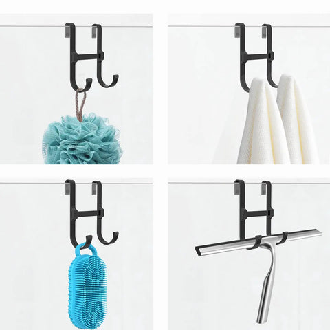 Glass Shower Door Hooks Two Pack Over Door Towel Hangers For Frameless Shower Doors Matte Black holding loofah, towel, brush, squeegee.
