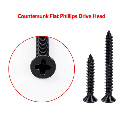 Slick Premium Black Humbucker Pickup Frame Mounting Screws Set Compatible With Gibson Les Paul And SG Electric Guitars close-up of countersunk screws with flat Phillips head.